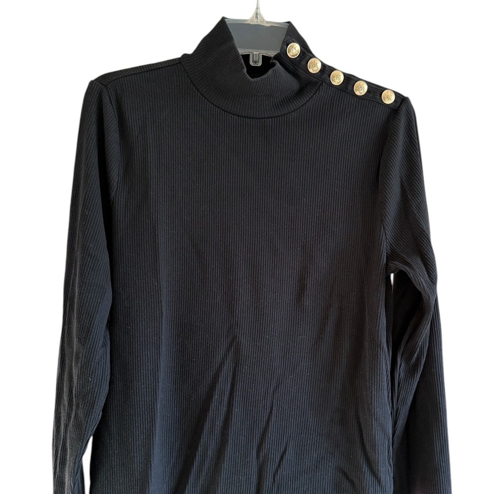 J.Crew XL Black Ribbed Mock Neck Gold Crest Button Shoulder‎ Top Quiet Luxury